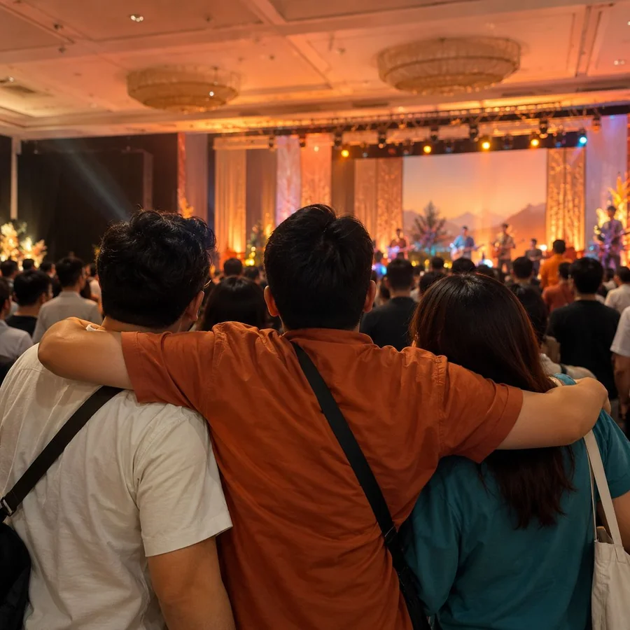 Illustrative GanApp event scene with friends enjoying a performance
